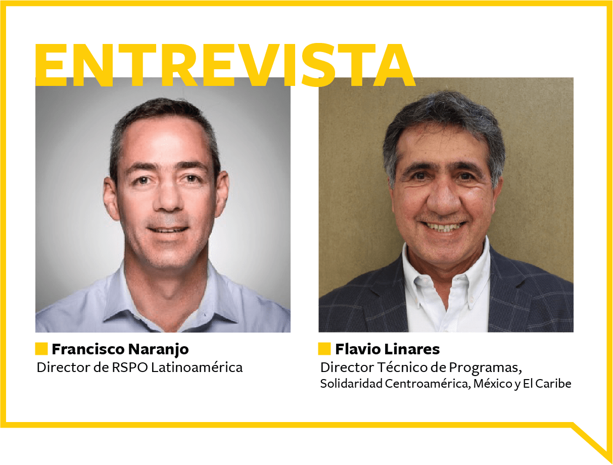 Francisco Naranjo y Flavio Linares, discuten el rol de la norma de la Mesa Redonda para el Aceite de Palma Sostenible (RSPO) en promover la transparencia y la justicia social en la cadena productiva de la palma aceitera.