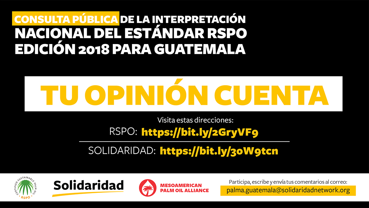 Invitación a la consulta pública de la Interpretación Nacional del Estándar RSPO edición 2018 para Guatemala."Tu Opinión Cuenta" dice la invitación.