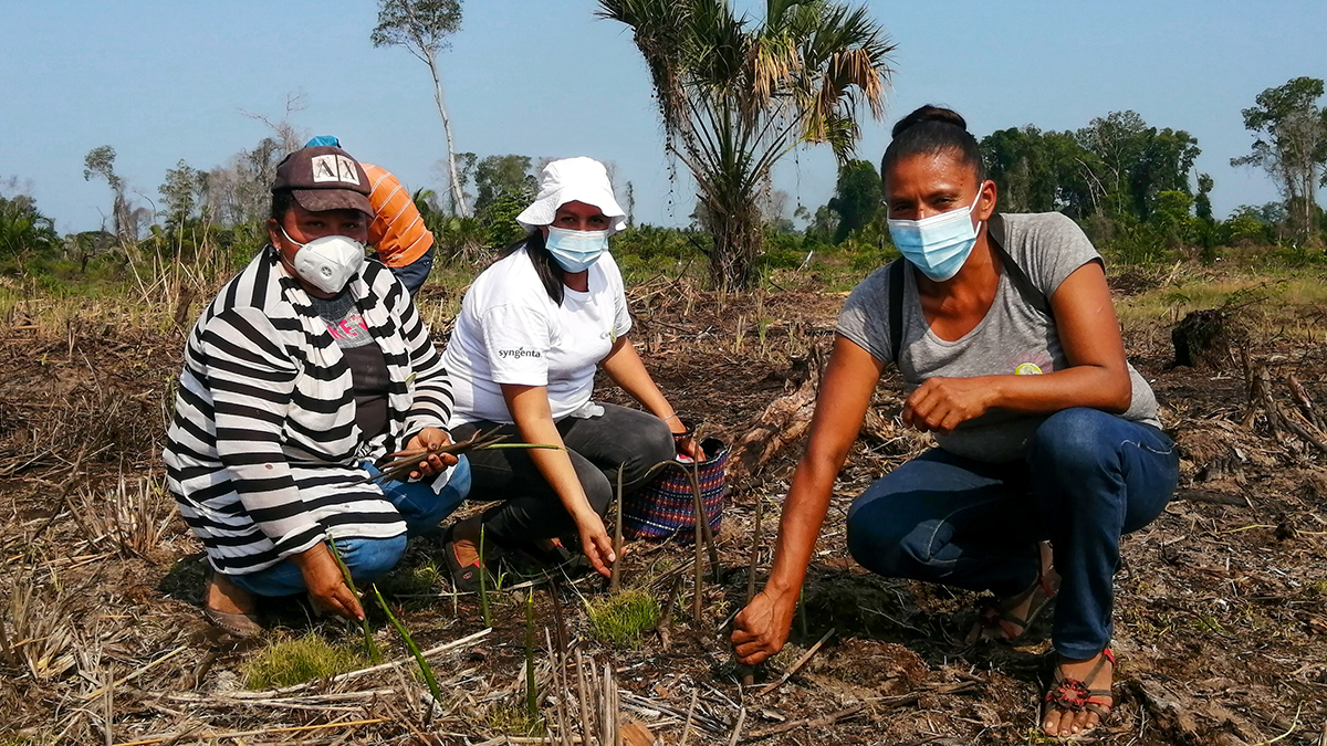 foto por César Zacarías-Coxic de miembros voluntarias de la comunidad de 31 de Julio participando en actividad de reforestación