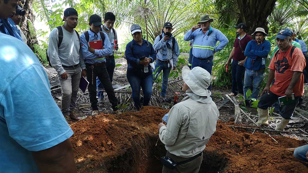 Dr. Cristancho expone luego de la apertura de una calicata, para examinar las capas del suelo e identificar posibles problemas de drenaje.